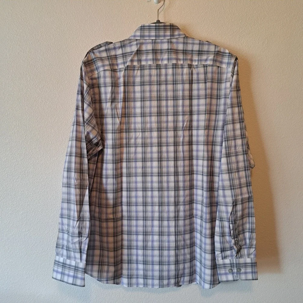 Banana Republic Mens Plaid Button Down Shirt Blue White Epaulets Medium 15-15.5